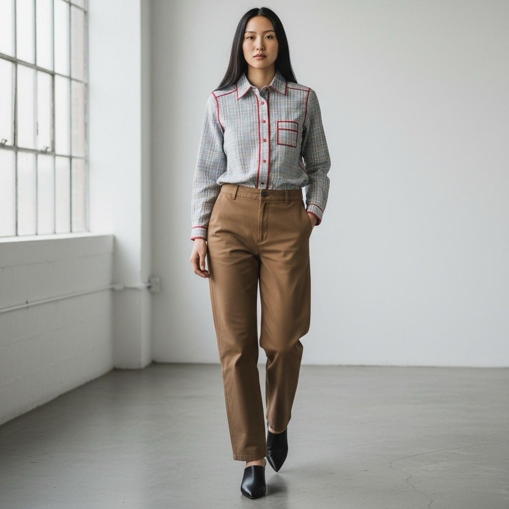 Proenza Schouler Seersucker Plaid Shirt Red Piping Contrast Trim Button Down S